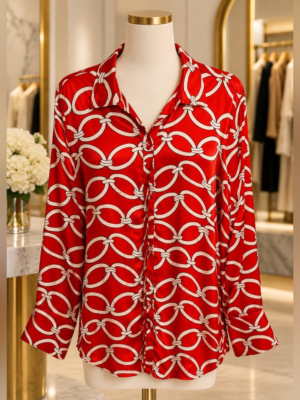 Women's Red Chain-Print Button-Down Shirt